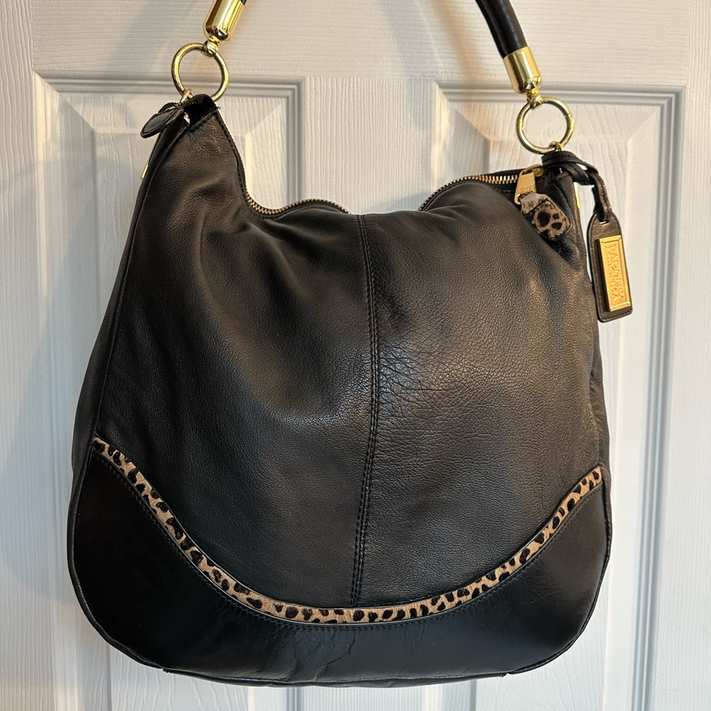 Black hobo Badgley Mischka bag with leopard trim. Trending now animal print